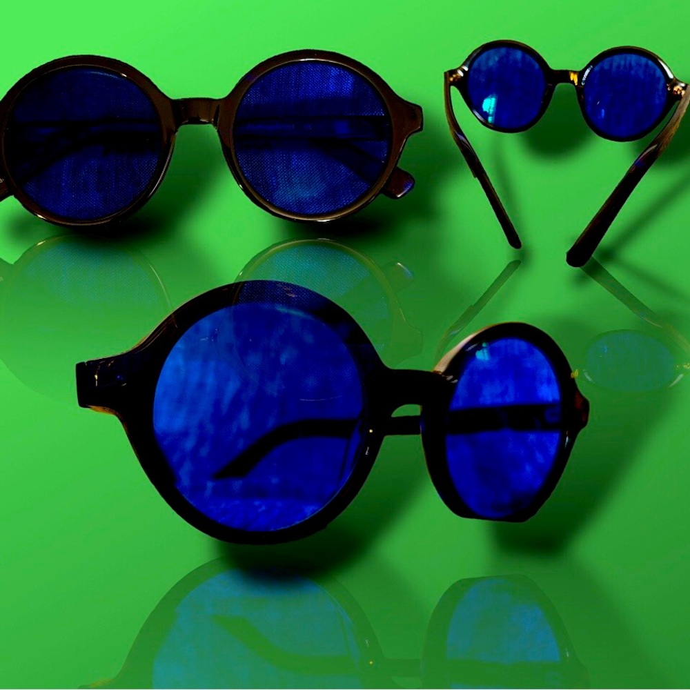 Eye Buy Direct round black +2.5 dark blue progressive lens sunglass readers